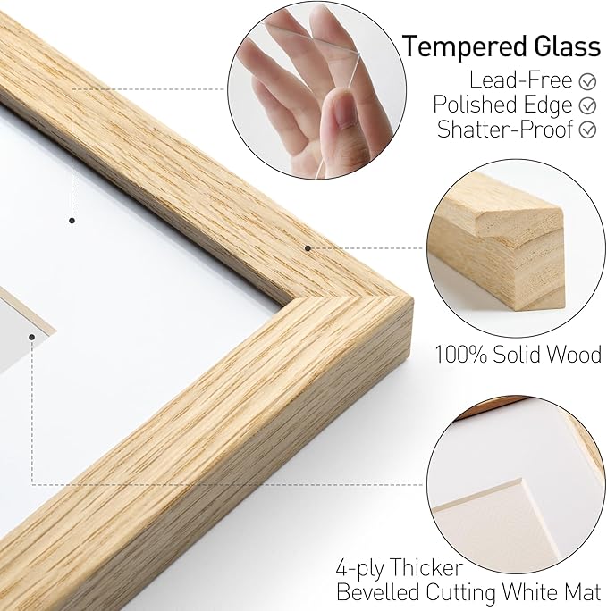 Yaetm 11x14 Oak Wood Picture Frame with Mat for 8x10 Set of 3, Natural Solid Wood 11x14 Frame with Tempered Glass for Wall Gallery & Home (3 Pack, Oak)