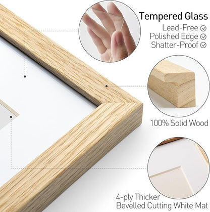 Yaetm 11x14 Oak Wood Picture Frame with Mat for 8x10 Set of 3, Natural Solid Wood 11x14 Frame with Tempered Glass for Wall Gallery & Home (3 Pack, Oak)