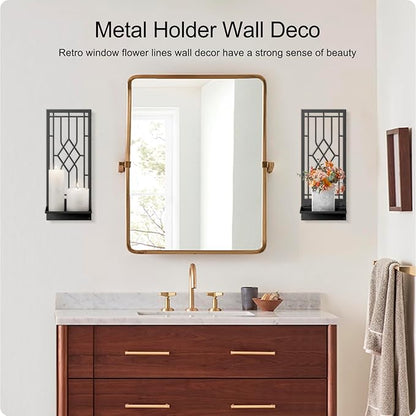 Wall Sconces Candle, Black Metal Wall Decor, Retro Wall Candle Holder for Living Room, Dining Room, Bedroom, Bathroom (2 Pack, 16.5 x 7 in)
