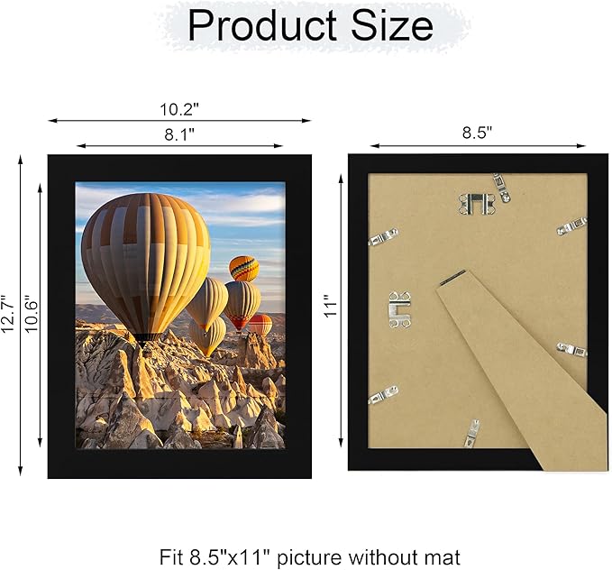 iRahmen 8.5x11 Picture Frame - High Definition Real Glass Wooden Photo Frames for Tabletop Display and Wall Mounting (Pure Black, Set of 2)