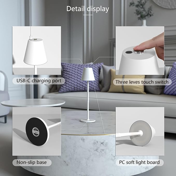 Timjorman 2-Pack Cordless Table Lamps - 5000mAh Rechargeable Battery Operated Desk Lamp, 3-Level Dimmable LED Night Light for Bedroom, Dining, Restaurant - Metal Design (White 2-Pack)