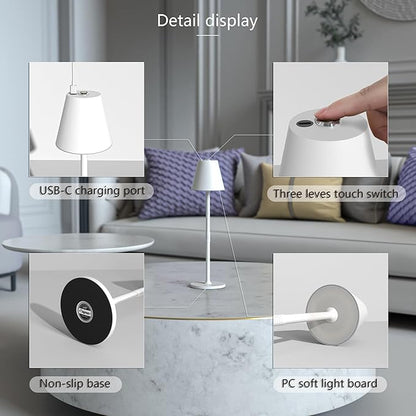 Timjorman 4-Pack Cordless Table Lamps - 5000mAh Rechargeable Battery Operated Desk Lamp, 3-Level Dimmable LED Night Light for Bedroom, Dining, Restaurant - Metal Design(White 4PACK)