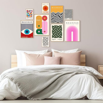 KBKBART 9PCS Eclectic Wall Art Decor, Modern Maximalist Wall Prints for Bedroom, Bauhaus Posters for Room Aesthetic, Retro Abstract Wall Collage Kit for Living Room, Funky Dorm Gallery Home Decor