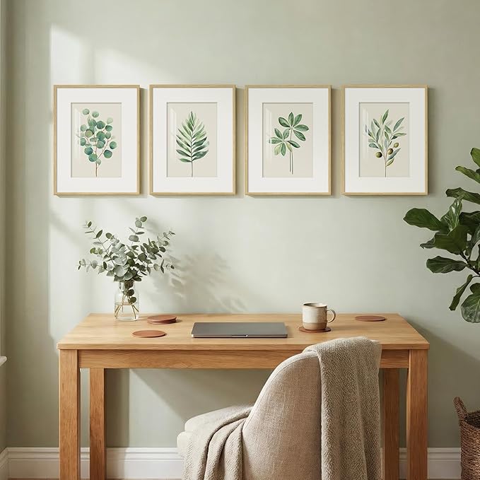 Framed Sage Green Botanical Wall Art for Bathroom, 4 piece Farmhouse Minimalist Plant Artwork for Walls, Boho Green White Leaf Picture Prints for Bedroom Kitchen Living Room Wall Decor 11x14