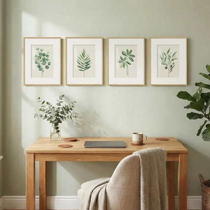 Framed Sage Green Botanical Wall Art for Bathroom, 4 piece Farmhouse Minimalist Plant Artwork for Walls, Boho Green White Leaf Picture Prints for Bedroom Kitchen Living Room Wall Decor 11x14