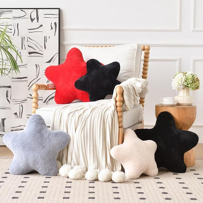 Star Pillow, Decorative Throw Pillows for Bed Couch, 15" Star Shaped Pillow Plush Floor Cushions Room Decor Pillow with Faux Rabbit Fur for Sofa Bedroom Living Room (Red, 19.6" x 19.6")