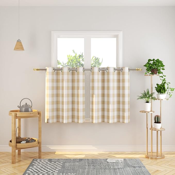 3 Pc Cotton Classic Country Farmhouse Kitchen Window Curtain Grommet Top -Beige & White Buffalo Check Tier & Valance Set, 54" x 18" / 32" x 30"