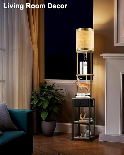 Lightdot 65IN Floor Lamps with Storage Table&Drawer, Corner Shelf Lamps with Black End Table and Fabric Shade, Modern Standing Tall Lamp for Living Room/Bedroom/Sofa Beside/Corner Decor(Bulb Included)