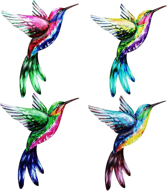 4 Pack Outdoor Garden Wall Art Decor Metal Hummingbird, 3D Colorful Garden Birds Sculpture, Metal Hand made Bird Wall Art Decorations for Fence Patio Balcony Living Room (purple)