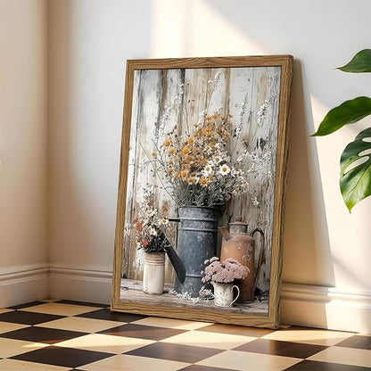 Wood Framed Farmhouse Vintage Canvas Wall Art, Rustic Floral Daisy Pictures Wall Decor Paintings, Country Flower Artwork Poster Prints for Living Room Kitchen Bedroom Bathroom 16x24 inch