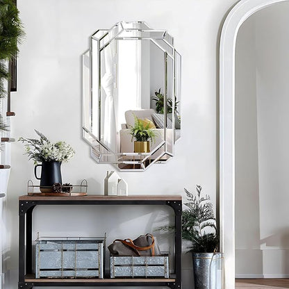 Chende Decorative Wall Mirror with Mirrored Frame, 36" x 24" Octagonal Mirror with Beveled Edge and Glass Pieces for Living Room, Bathroom, Bedroom, Dining Room, Hallway, Unique Design