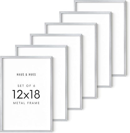 HAUS AND HUES 12x18 Silver Metal Picture Frames - Premium Aluminum with Vertical & Horizontal Hanging, Shatterproof Plexiglass - Perfect for Home or Office (12x18 in, Silver, Set of 6)
