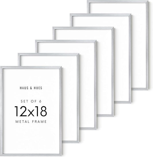 HAUS AND HUES 12x18 Silver Metal Picture Frames - Premium Aluminum with Vertical & Horizontal Hanging, Shatterproof Plexiglass - Perfect for Home or Office (12x18 in, Silver, Set of 6)