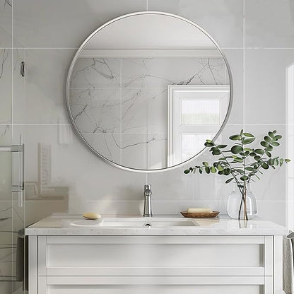 Sunniry Silver Round Mirror 30 inch, Round Bathroom Mirror, Silver Circle Mirrors with Brushed Aluminum Frame, Circle Wall Mirrors for Bathroom, Living Room, Hallway, Bedroom.