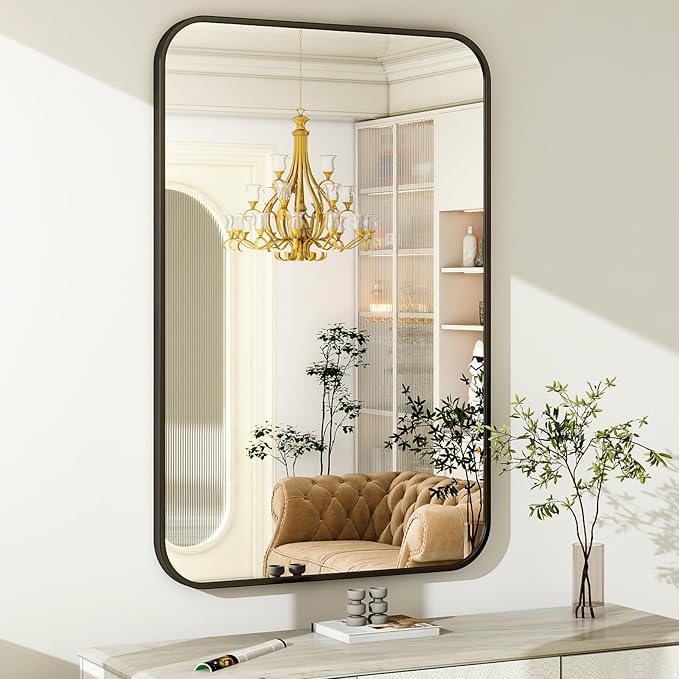 Easly 26 x 38 Inch Bathroom Mirror, Rounded Rectangular Vanity Mirror for Wall, Modern Mirror for Room Decor, Black Framed Wall-Mounted Mirrors for Home Decor, Hangs Horizontally or Vertically