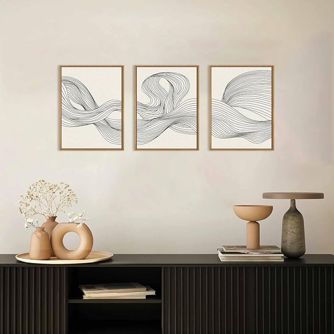 HPNIUB Neutral Abstract Beige Wave Framed Wall Art Set,Minimalist Black Line Wave Wall Decor,Modern Geometric Art Print,Boho Textured Artwork for Living Room, Bedroom,Office-12 x16 x3