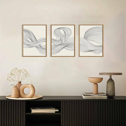 HPNIUB Neutral Abstract Beige Wave Framed Wall Art Set,Minimalist Black Line Wave Wall Decor,Modern Geometric Art Print,Boho Textured Artwork for Living Room, Bedroom,Office-12 x16 x3