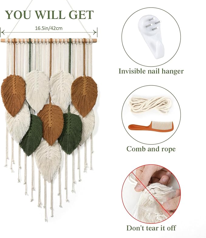 KHOYIME Macrame Wall Hanging Leaves Woven Tapestry, Boho Chic Home Decor Modern Bohemian Handmade Leaf Feather Wall Art Decorations for Apartment Dorm Living Room Bedroom Nursery Backdrop 16.5"x29.5"