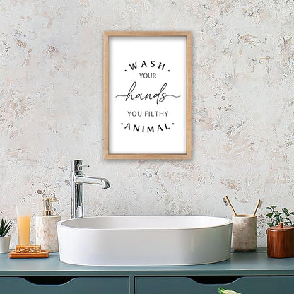 Wash Your Hands Ya Filthy Animal Sign 16"×11" Bathroom Restroom Toilet Laundry Room Humorous Wall Art Decor Funny Quote Washroom for Wood Framed Wall Hanging (Wood)