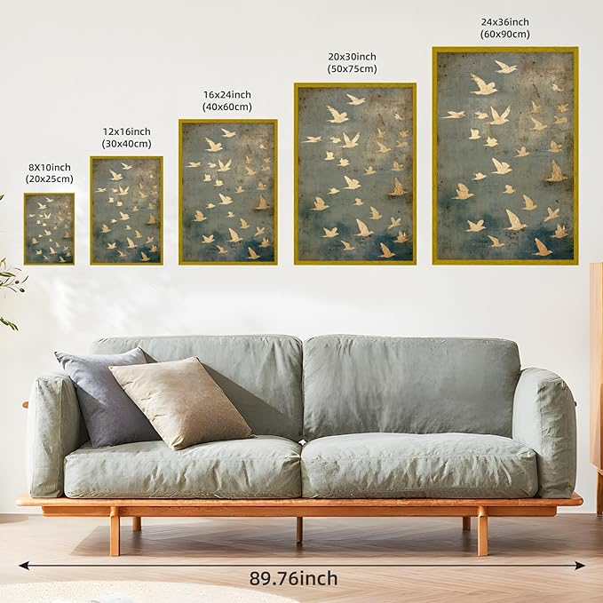 Large Gold Framed Flock of Flying Birds Canvas Wall Art Modern Japandi Minimalist Spiritual Home Decor Vintage Teal Bird Poster Painting Prints Retro Abstract Animal Pictures Artwork 24x36inch