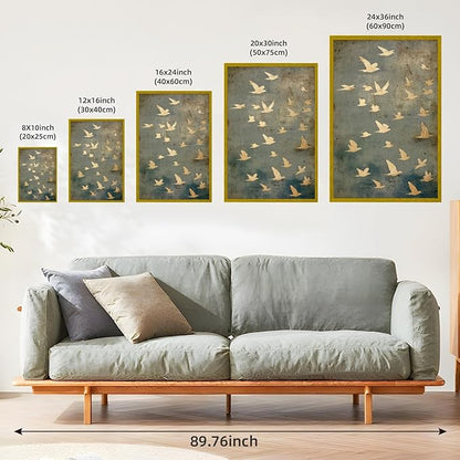 Large Gold Framed Flock of Flying Birds Canvas Wall Art Modern Japandi Minimalist Spiritual Home Decor Vintage Teal Bird Poster Painting Prints Retro Abstract Animal Pictures Artwork 24x36inch