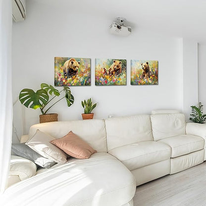 sechars Bear Wall Art Canvas Bears in Wildflower Meadow Picture Print Wildlife Paintings Farmhouse Kitchen Decor