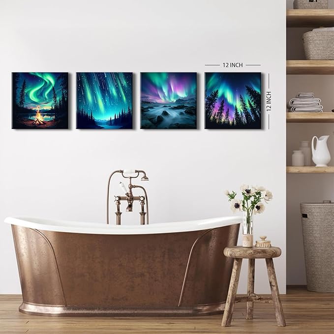Northern Lights Wall Art Aurora Mountain Scenery Pictures Wall Decor Colorful Forest Landscape Canvas Prints Paintings Nature Aurora Borealis Posters Farmhouse Artwork Living Room Decoration 12x12”