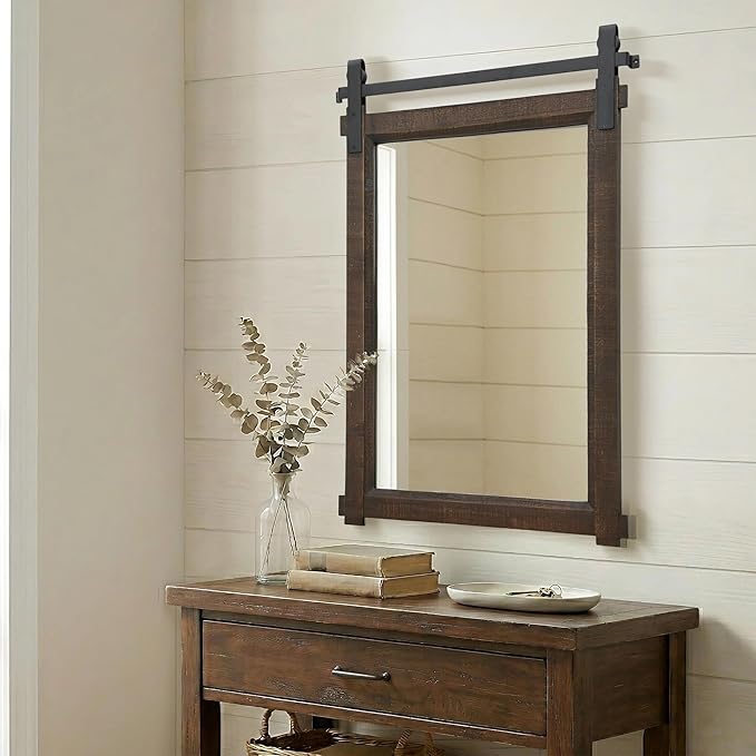 Besdomus Bathroom Rustic Wall Mirror: 24"x36" Brown Barn Door Farmhouse Solid Cedar Wood Frame - Wall Vanity Mirror for Bathroom/Entryway/Bedroom - Home Decor for Modern Farmhouse Enthusiasts