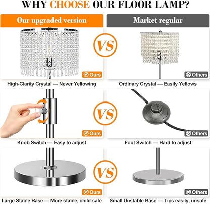 【Upgraded】 Dimmable Crystal Floor Lamps for Living Room, 1000LM LED Bulb Included, Standing Lamp with Knob Switch, Tall Silver Modern Floor Lamp for Bedroom Nursery Office Reading