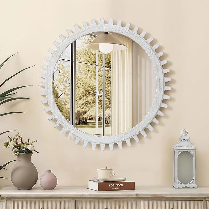 ULIKE Round Wood Mirror, 30 Inch Rustic Farmhouse Circle Mirror with Wooden Frame, Modern Wall Decor for Bathroom Nursery Bedroom Living Room Entryway, White