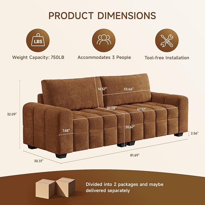 ONBRILL 82" Loveseat Sofa, Modern Chenille Sofa Couch for Living Room, Pull Point Seat Cushion, Easy Assembly, Comfy Love Seat for Small Spaces, Bedroom, Apartment, Orange