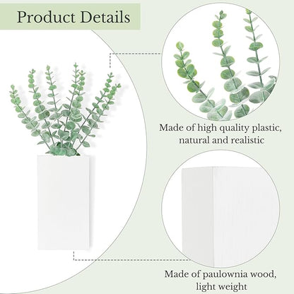 Dahey 2 Pack Wood Wall Planter Vase with Artificial Eucalyptus Farmhouse Wall Hanging Decor Pocket Planter for Indoor Fake Plants Greenery Flowers Living Room Bedroom Kitchen Home Decoration, White