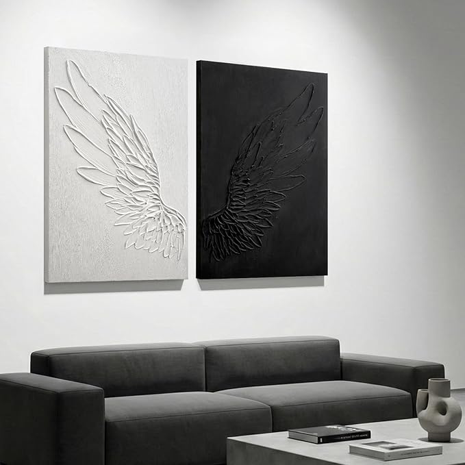 JUHOME Large Black and White Abstract Wall Art - 2-Piece 24x36 in Original Hand-Painted Wing Canvas Wall Art Set, Textured Dual Panel Oil Painting for Modern Living Room Bedroom Office Wall Decor