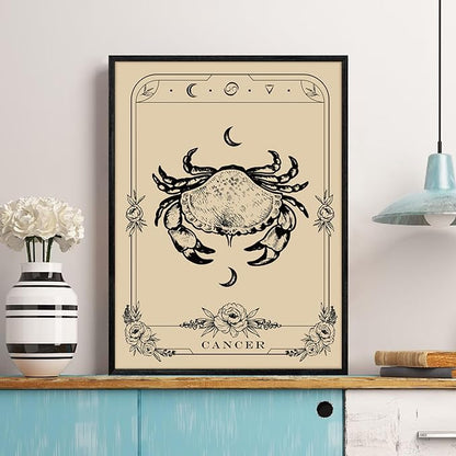 SERIMINO Witchy Framed Wall Art, Cancer Tarot Canvas Prints Paintings, Horoscope Dark Academia Home Decor Aesthetic, 12X16inch Gothic Wall Decor for Room