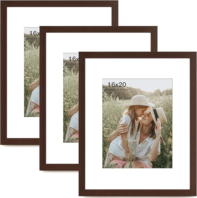 Momentworth 16x20 Picture Frame with Mat for 11x14 Set of 3, Dark Brown Wood Grain 16x20 Frames for Wall Mounting (3 Pack, Walnut)