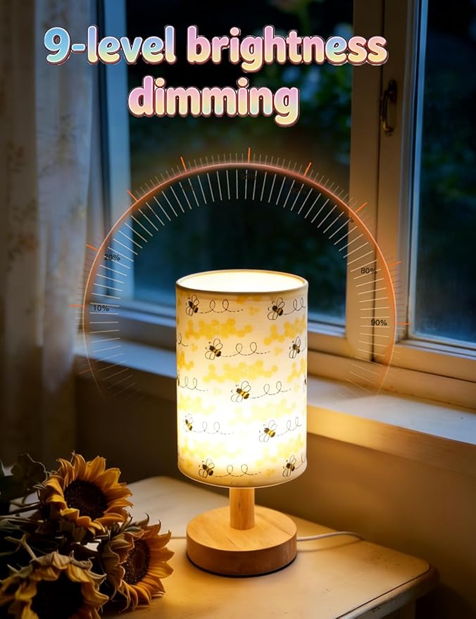 Bee Decor, Bee Night Light 3-Color Small Linen Desk Lamp, 10 x 5.12 Inch with Integrated LED, for Boys & Girls Bedroom,Living Room Bedroom Room Lighting Table Lamps Home Decoration (Honeybee)
