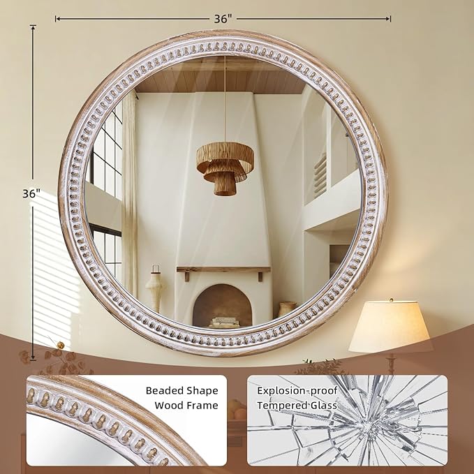 HOITUZYUS 36 Inch Round Wall Mirror for Bathroom Over Sink, Rustic Farmhouse Wooden Framed Circle Vanity Mirrors for Wall Decor, Bedroom, Entryway, Living Room