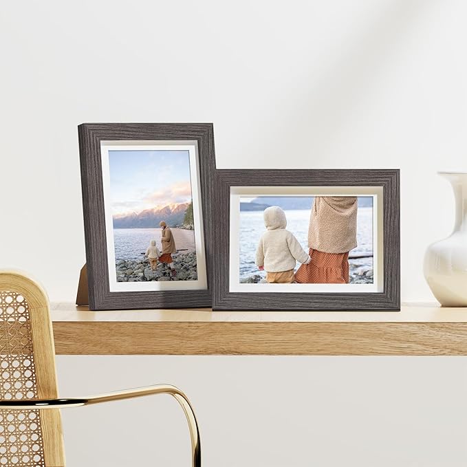 Vittanly 5x7 Picture Frames Set of 9, Display 4x6 Pictures with Mat or 5x7 without Mat, Photo Frames for Wall or Tabletop with Plexiglass, Engineered Wood, Dark Grey