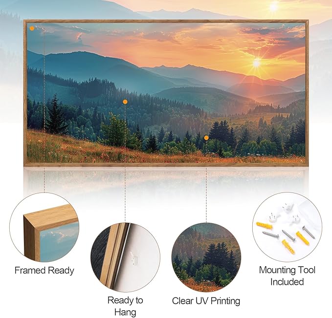 Aurlan Boho Mountain Sunset Landscape Framed Wall Art(40"x20"), Large Green Blue Ridge Grand Teton National Park Canvas Artwork, Abstract Modern Watercolor Nature Forest Scenery Decor for Home Office Bedroom