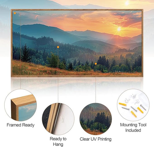 Aurlan Boho Mountain Sunset Landscape Framed Wall Art(40"x20"), Large Green Blue Ridge Grand Teton National Park Canvas Artwork, Abstract Modern Watercolor Nature Forest Scenery Decor for Home Office Bedroom
