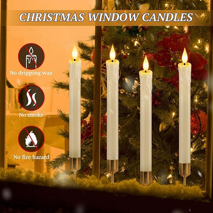 OCATO Flameless Candles with Remote: 8 Pack Battery Operated Window Candles 9.6" Real Wax LED Flickering Flameless Taper Candles 3D Wick Lights Halloween Christmas Wedding Decorations Cream