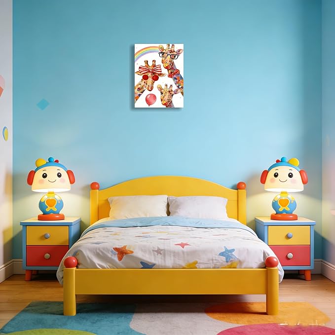 12x16 Inch Colorful Giraffe Canvas Wall Art - Watercolor Rainbow Giraffe Family Poster with Glasses Balloon - Framed Funny Animal Wall Decor Prints for Kids Bedroom Nursery Bathroom Playroom