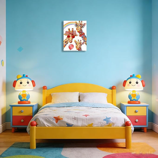 12x16 Inch Colorful Giraffe Canvas Wall Art - Watercolor Rainbow Giraffe Family Poster with Glasses Balloon - Framed Funny Animal Wall Decor Prints for Kids Bedroom Nursery Bathroom Playroom