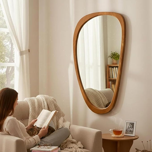 Solid Wood 48"x24" Large Aesthetic Wabi-Sabi Statement Mirror, Warm Walnut Full Length Irregular Mirror, Modern Organic Asymmetrical Wooden Wall-Mounted Mirror, Honey Walnut