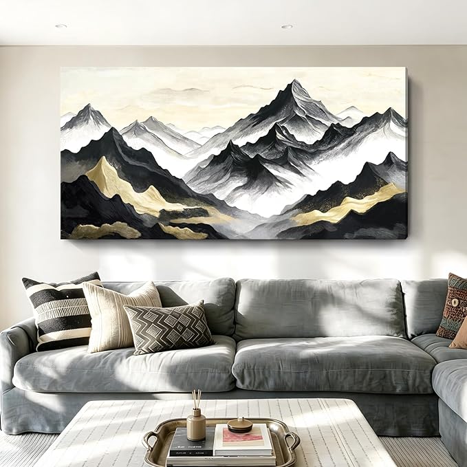 Oversized Black White And Gold Modern Abstract Landscape Wall Art For The Living Room; Canvas Print Of Natural Mountain; A Casual And Elegant Artwork Suitable For Bedrooms, Dining Rooms, Offices, And Galleries. 58X29 Inch