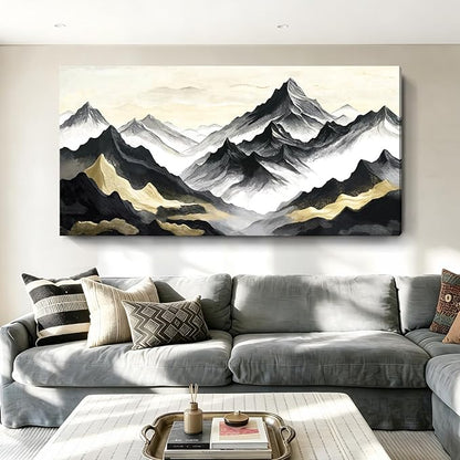 Oversized Black White And Gold Modern Abstract Landscape Wall Art For The Living Room; Canvas Print Of Natural Mountain; A Casual And Elegant Artwork Suitable For Bedrooms, Dining Rooms, Offices, And Galleries. 58X29 Inch
