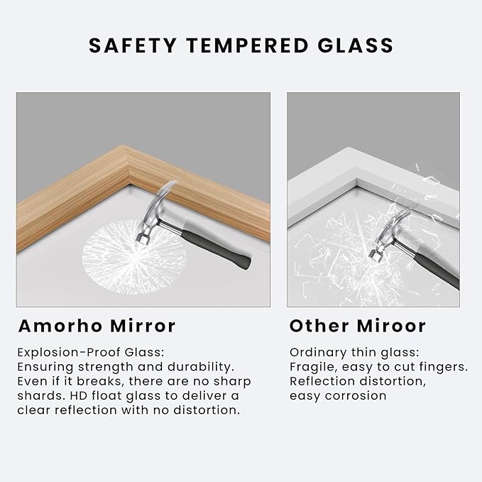 Amorho Bathroom Mirror, 28 X36 Inch Wall Mirror, Oak Wood Grain Metal Framed, Anti-Rust, Hang Horizontally/Vertically, Suitable for Bedroom, Farmhouse, Bathroom, Decorative