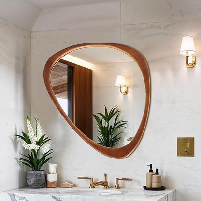 24''x19'' Asymmetrical Mirror with Wood Frame, Small Irregular Wall Odd Shaped Mirror Mid Century Modern Decor for Bedroom Living Room Entryway Hall