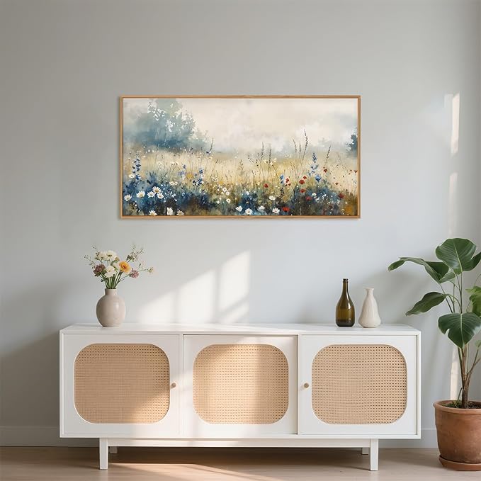 Celestdeco Nature Wildflower Framed Canvas Wall Art Set, Pastoral Landscape Wall Decor, Colorful Meadow Wall Painting, Rustic Floral Art Print for Living Room, Bedroom, Office-20 X40