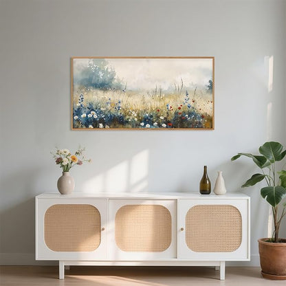 Celestdeco Nature Wildflower Framed Canvas Wall Art Set, Pastoral Landscape Wall Decor, Colorful Meadow Wall Painting, Rustic Floral Art Print for Living Room, Bedroom, Office-20 X40